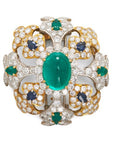 David Webb Diamond, Sapphire, Emerald, and Cabochon Cut Emerald Pin
