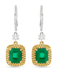 Emerald with Yellow Diamond Double Halo Drop Earrings