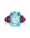 Emerald Cut Aquamarine and Cabachon Ruby Ring