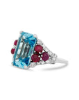 Emerald Cut Aquamarine and Cabachon Ruby Ring