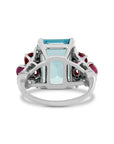 Emerald Cut Aquamarine and Cabachon Ruby Ring