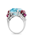 Emerald Cut Aquamarine and Cabachon Ruby Ring